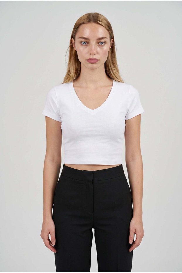 Women's white v-neck lycra basic short sleeve crop top