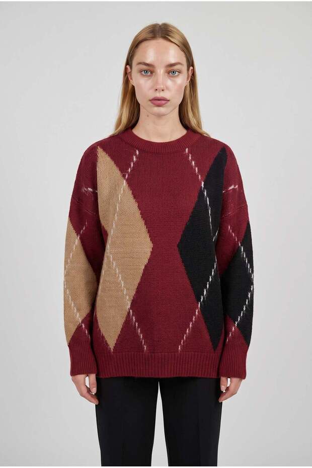Women's Burgundy Camel Black Feather Beard Detailed Baklava Pattern S-M-L Size Compatible Oversized Knitwear Sweater