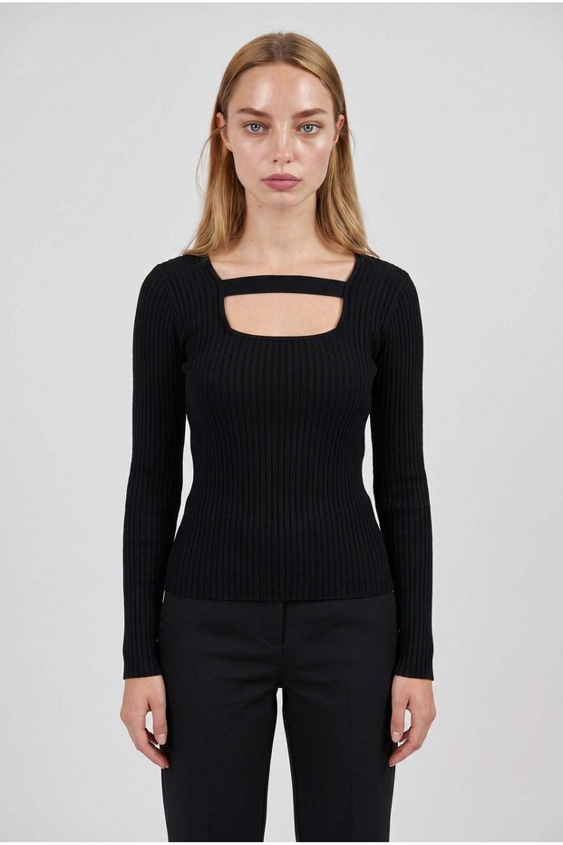 Women's Black U-Neck Band Detailed Long Sleeve Ribbed Extra Soft Blouse Body