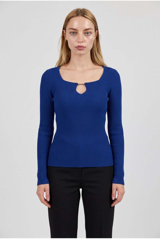 Women's Cobalt Blue Pear Collar Hook Detailed Hooked Long Sleeve Ribbed Extra Soft Soft Blouse Body
