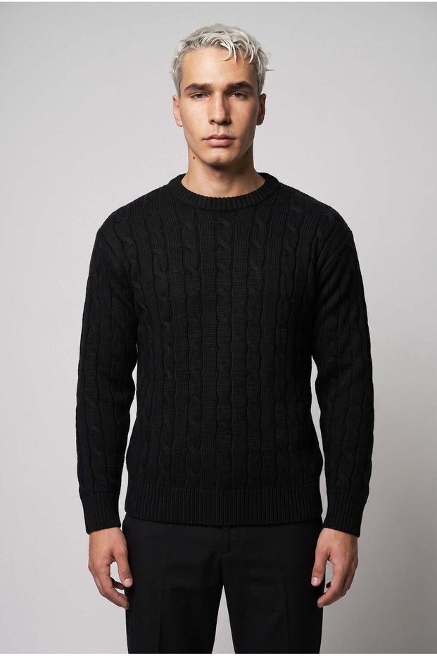 Men's Black Hair Knit Crew Neck Regular Knitwear Wool Blend Thick Acrylic Sweater
