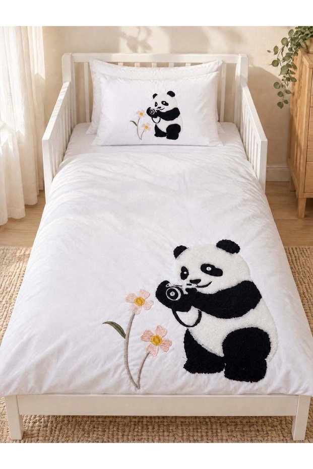 Photographer Panda Punch Embroidered 100% Cotton 4-Piece Baby Duvet Cover Set