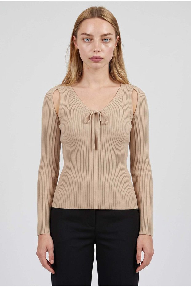 Women's Stone Sand Beige Back Low-Cut Detailed Top Quality Woven Long Sleeve Corded Fabric Blouse Body