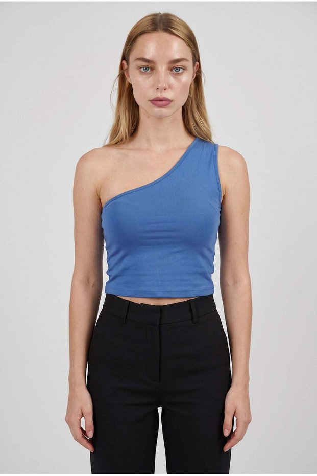 Women's blue single shoulder bodycon basic tank top stretchy crop blouse