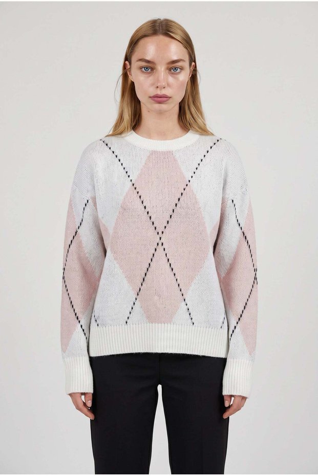 Women's Single Diamond Pattern Beard Detailed Oversize Knitwear Sweater, Suitable for S-M-L Sizes