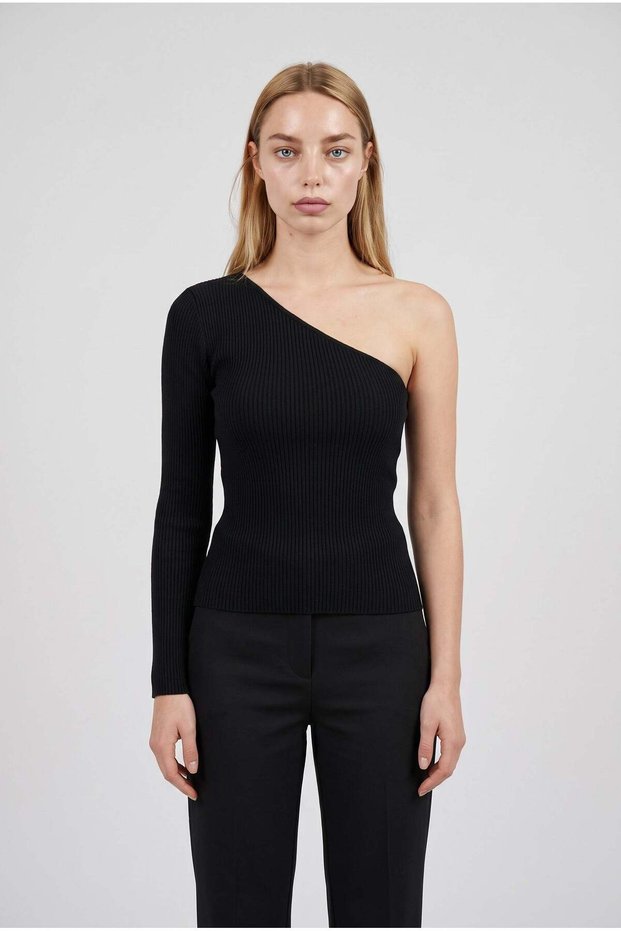 Women's Black One Shoulder Sleeve Open Top Quality Woven Long Sleeve Corded Fabric Blouse Body