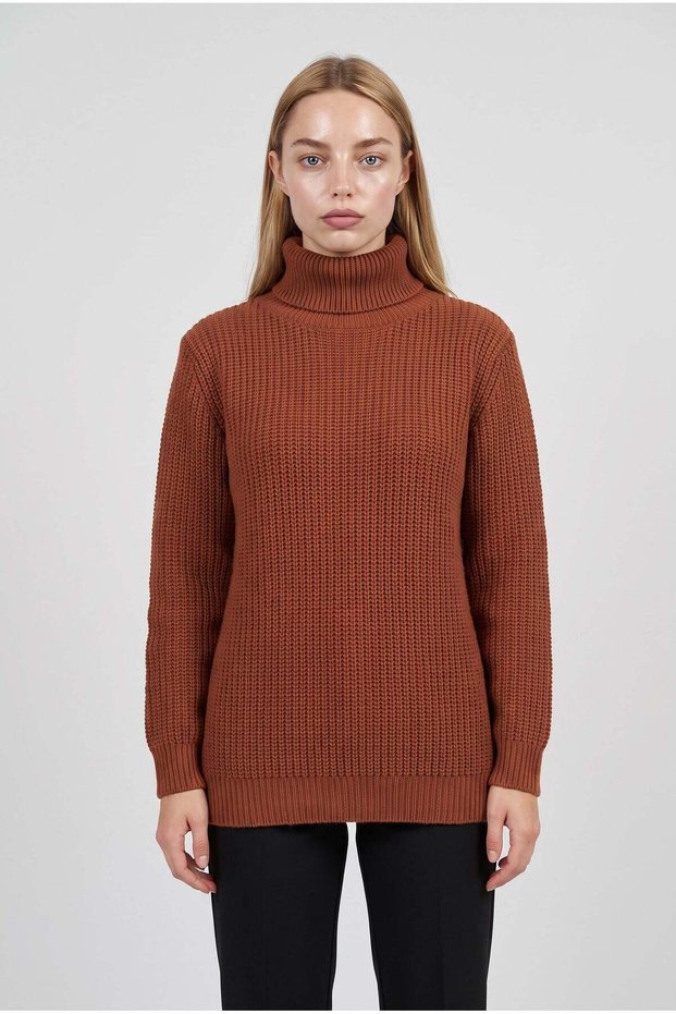 Women's Brown Thick Knitted Turtleneck Sweater