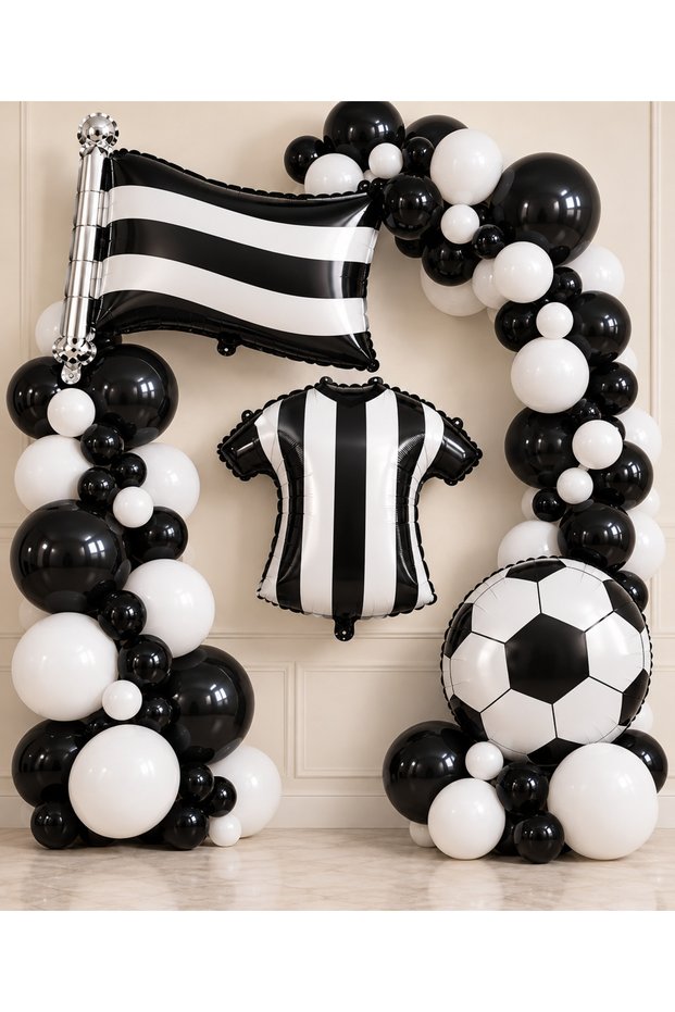 Party Fan Themed Birthday Balloon Set |   Black and White Flag, Jersey, and Soccer Ball Foil Balloons