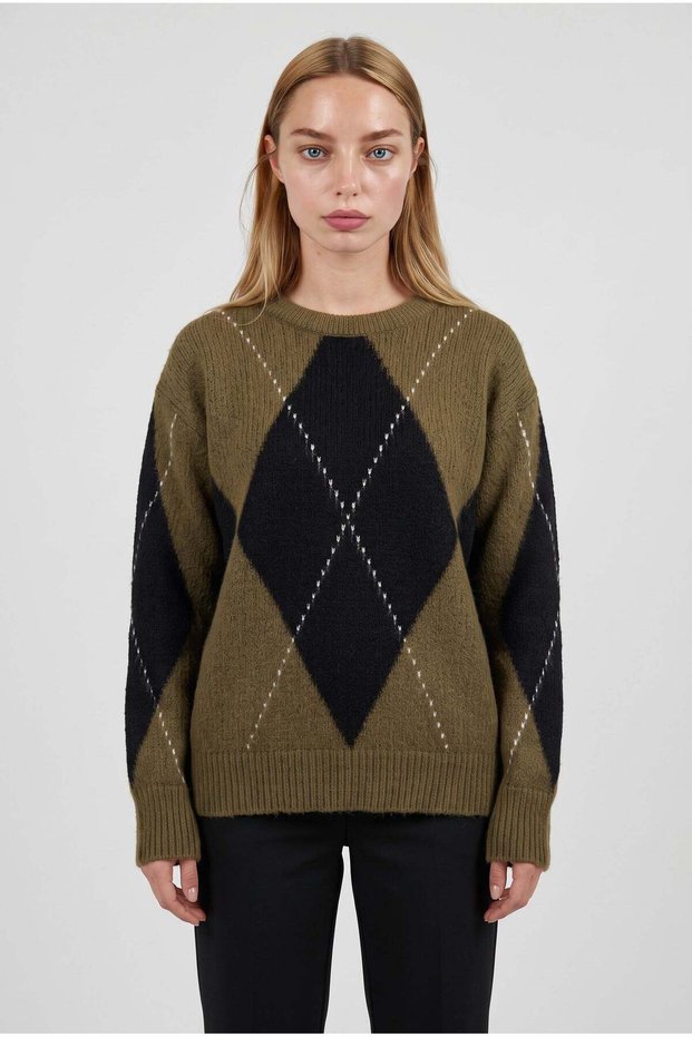 Women's Single Diamond Pattern Beard Detailed Oversize Knitwear Sweater, Suitable for S-M-L Sizes