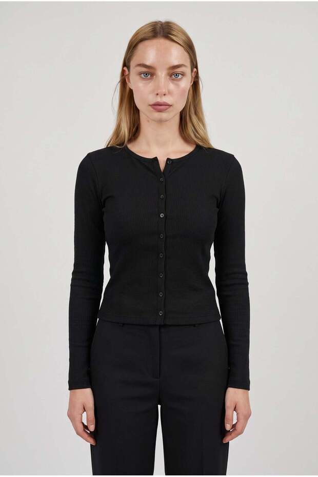 Women's black ribbed camisole full button stretchy button detailed long sleeve crew neck cardigan blouse