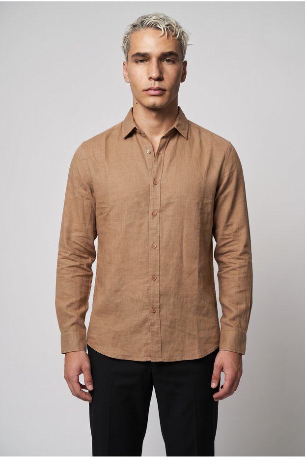 Men's Arturo Camel Colored Soft Textured Gabardine Look Long Sleeve Shirt