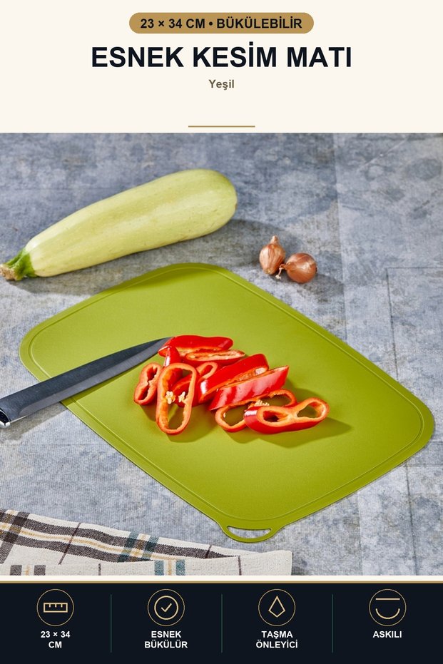 Flexible Cutting Mat 23X34 cm Bendable Thin Cutting Board with Hanger Anti-Overflow Green
