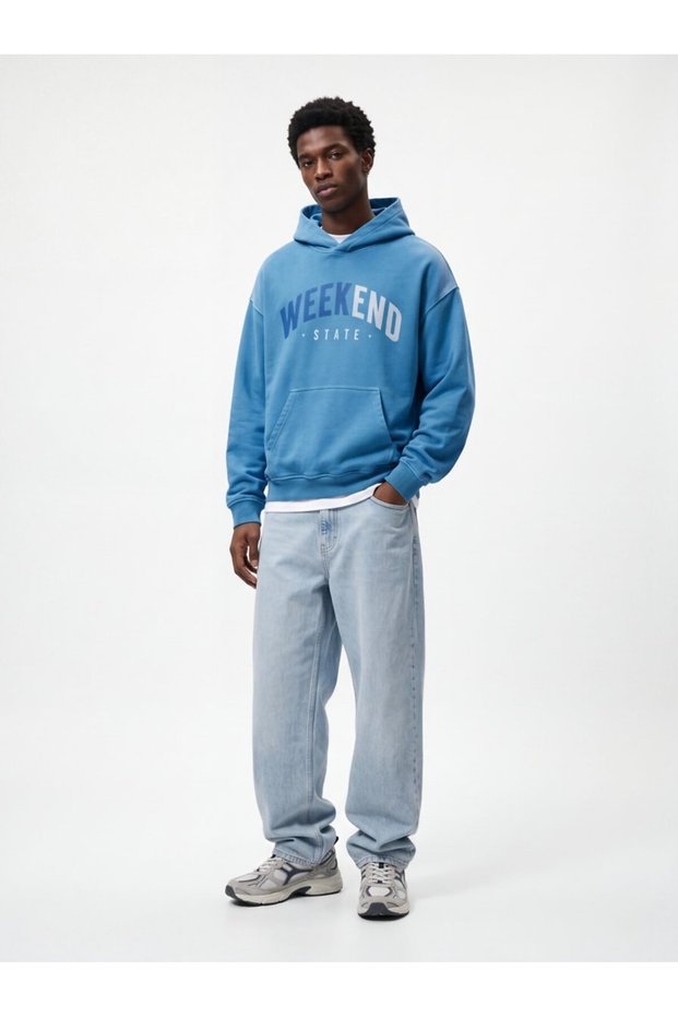 Relaxed Fit Faded Fabric Text Printed Blue Sweatshirt