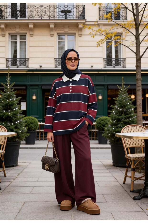 Lora Polo Collar Striped Oversize Two-Piece Set Claret Red