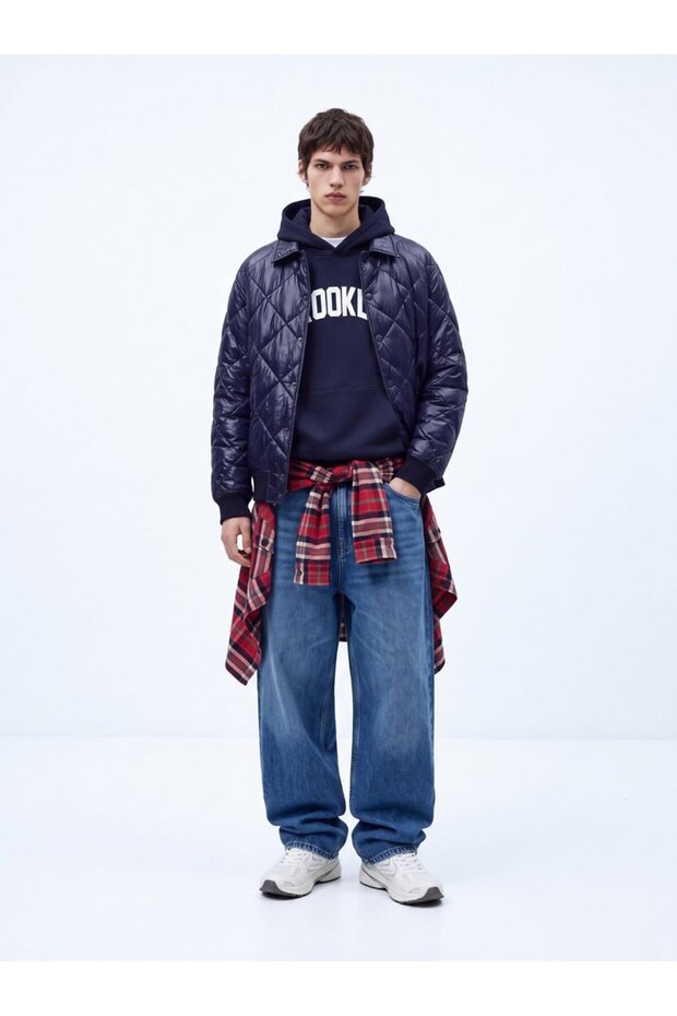 Relaxed Fit Letter Printed Hooded Navy Blue Sweatshirt