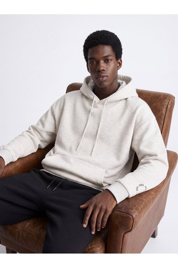 Relaxed Fit Sleeve Printed Hooded Gray Sweatshirt