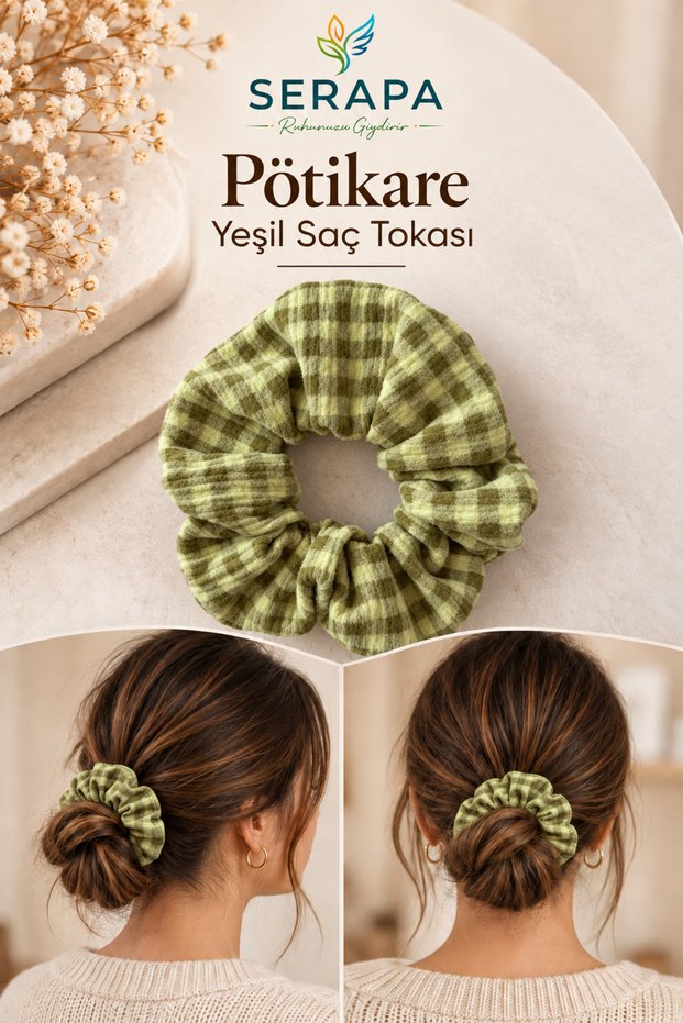 Women's Scrunchie Hair Clip Gingham Patterned Green Elastic Hair Clip
