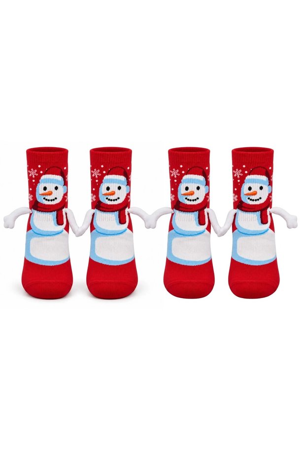 Red Snowman 2-Piece Patterned Christmas Stockings | 3D Fun Socket Sock Set with Hands Holding Each Other