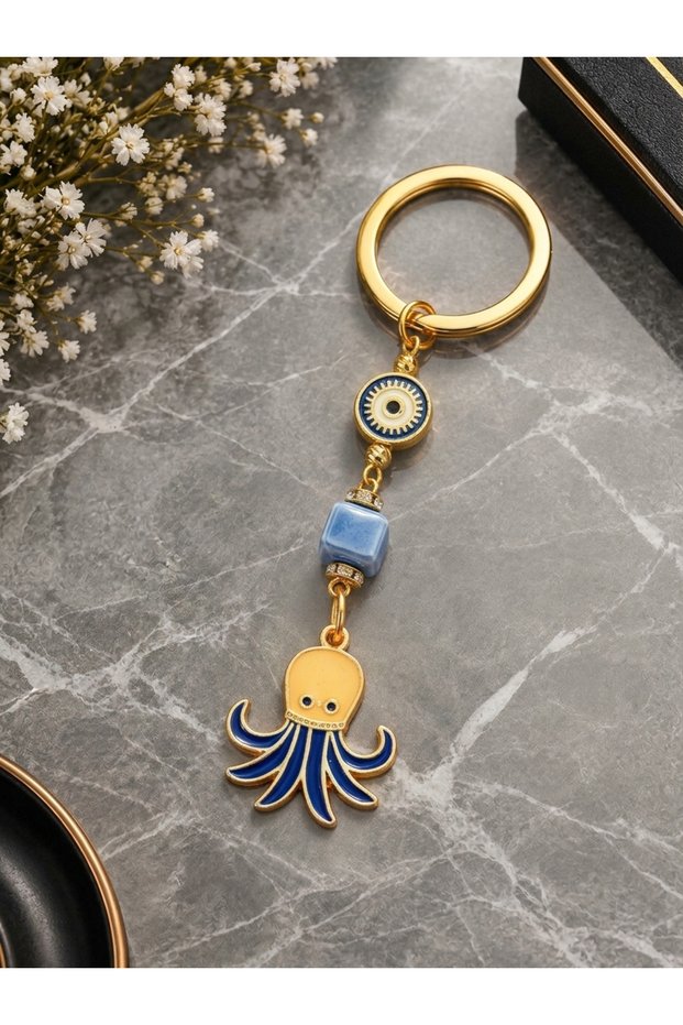 Navy Blue Octopus Metal Keychain, Lucky Keychain, Metal Evil Eye Keychain Bag Accessory