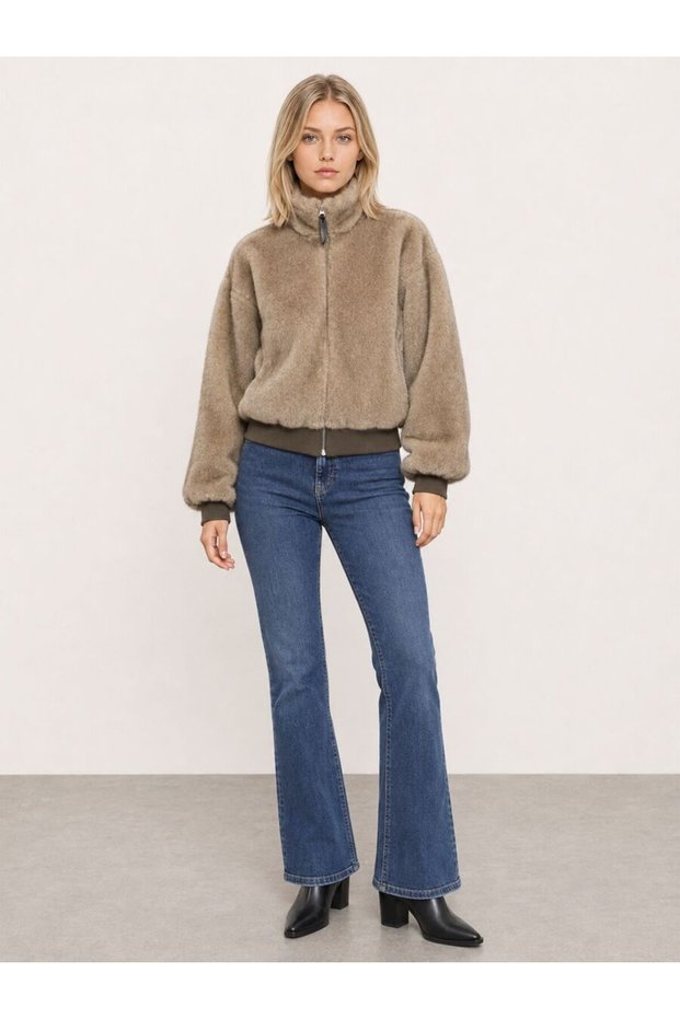 Kadın Bej Kapüşonlu Oversize Mont