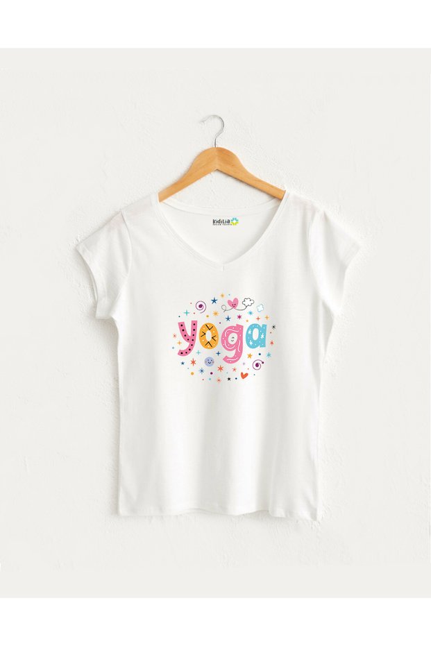 Yoga Colorful Typographic V-Neck T-Shirt