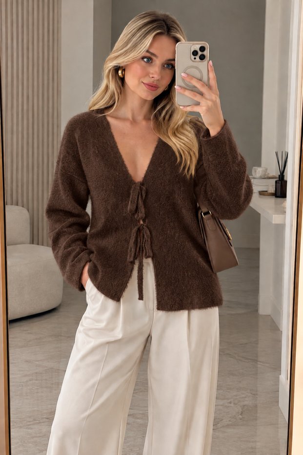 Women's Lace-Up Soft Textured Knitwear Cardigan