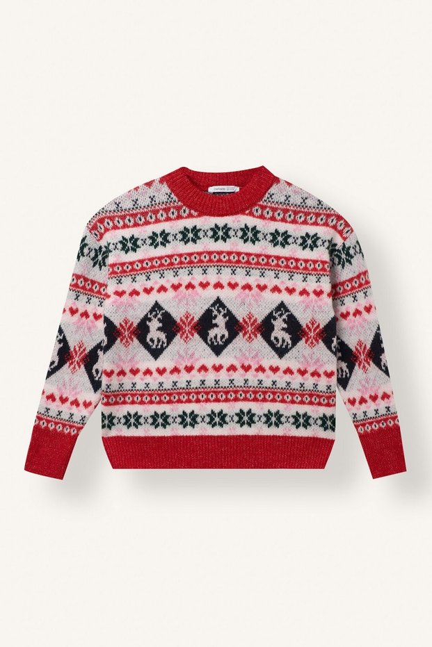 New Year's Themed Jacquard Crew Neck Sweater for Girls I6360A826Cw