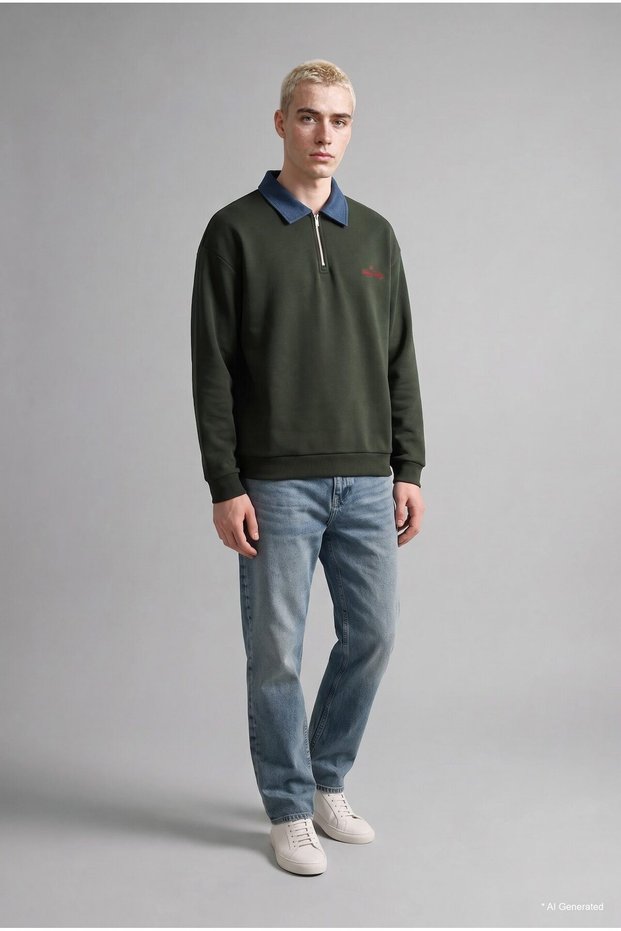 Boxy Fit Half-Zip Polo Collar Printed Sweatshirt I4918Ax26Wn