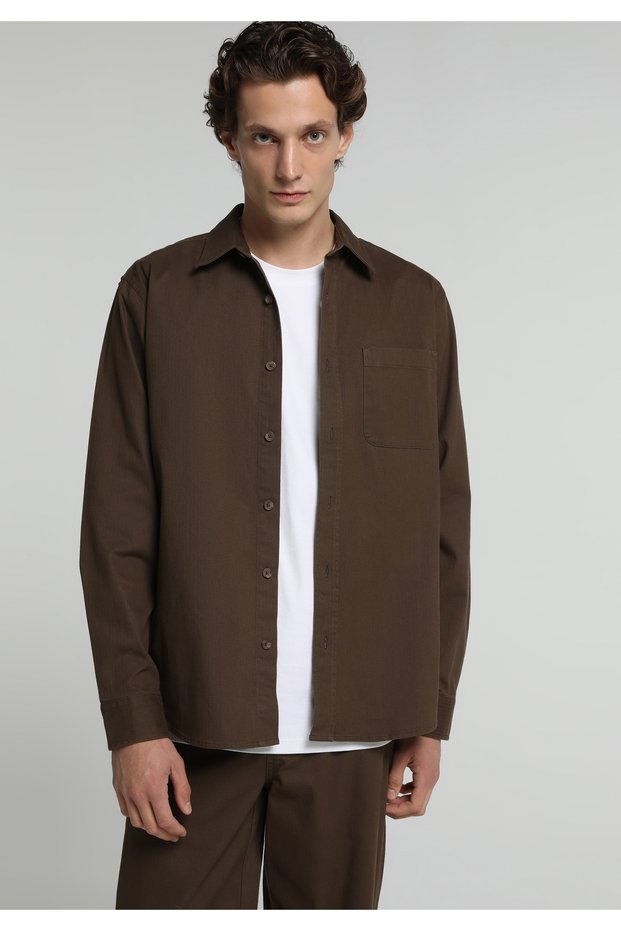 Relaxed Fit Shirt Neck Plain Men's Brown Long Sleeve Shirt