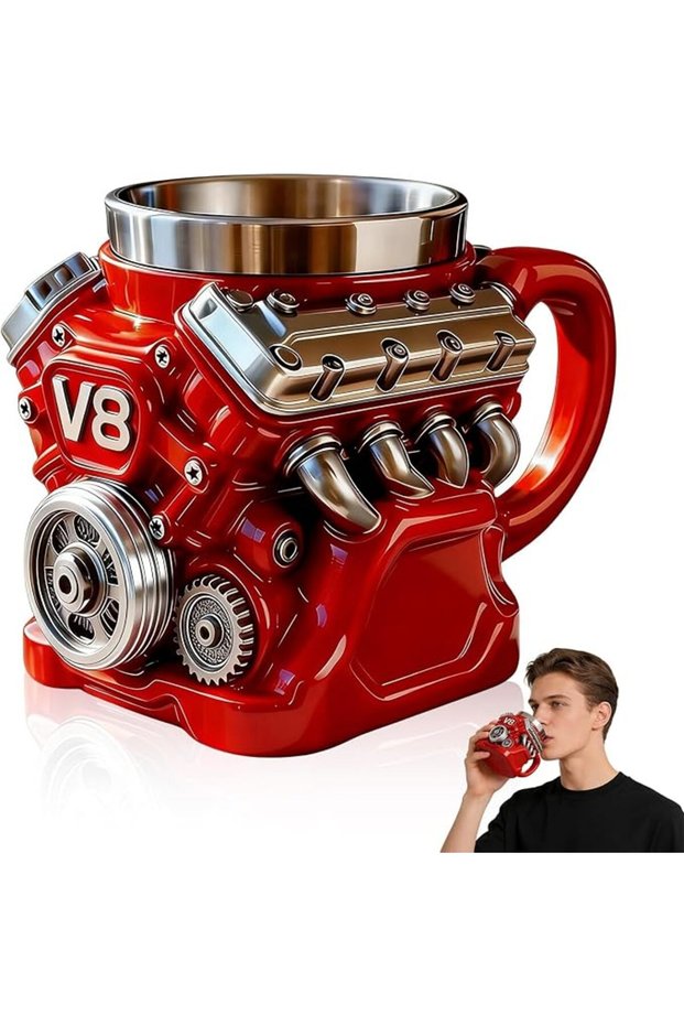 كوب قهوة بتصميم محرك V8، كوب قهوة مخصص، كوب مشروبات ميكانيكي ثلاثي الأبعاد، كوب عازل مزدوج الجدار