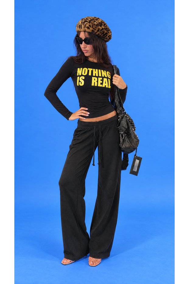 Nothing Is Real Printed Black Women's Long Sleeve Crew Neck Slim Fit T-Shirt