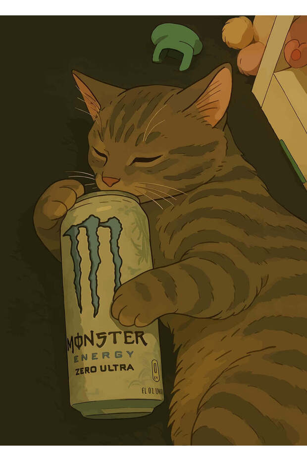 Cat Nap with Monster Energy Funny Metal Poster - Magnetic Wall Art Print