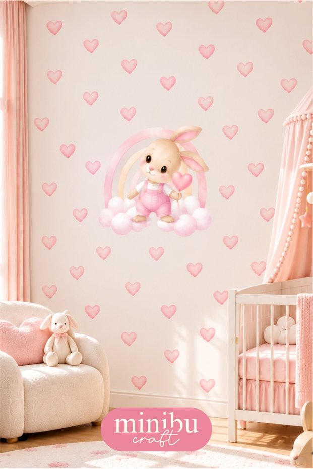 Pink Cute Rabbit and Pink Hearts 82 Piece Baby Kids Room Wall Sticker Set Mnb-104