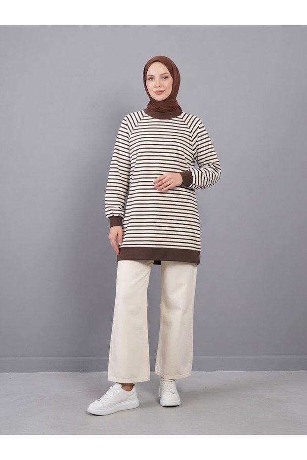 Cuff Detail Striped Tunic-Brown