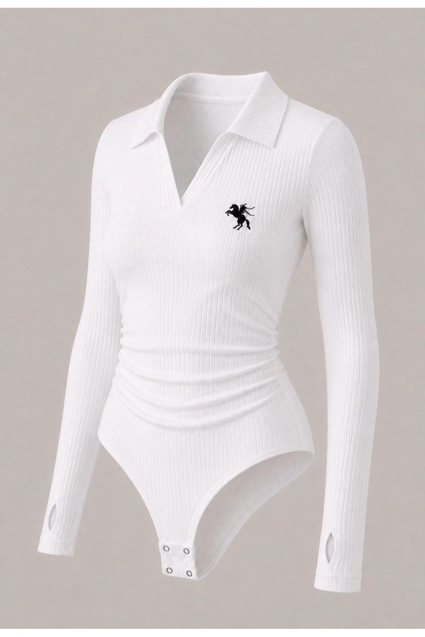 Polo Collar Embroidered Long Sleeve Bodysuit Blouse