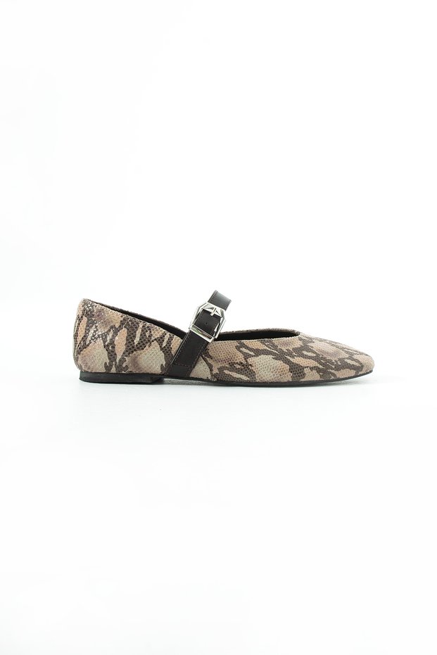 Beige Women's Genuine Leather Snake Patterned Buckle Mary Jane Ballerina Shoes