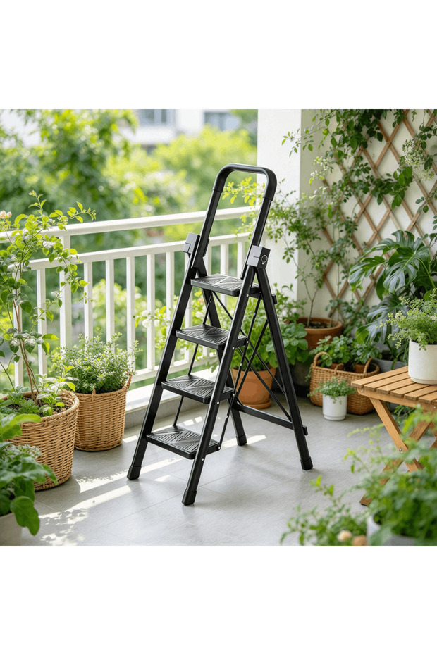 Easy Store 4 Step Black Collapsible Ladder Wide Pedals Flip Over Handrail Lightweight for Kitchen Pantry and Closet