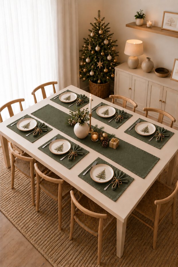 New Year's Khaki Green American Tablecloth Set 13 Pieces with Runners for 6 People Linen Touch Khaki Green Fabric