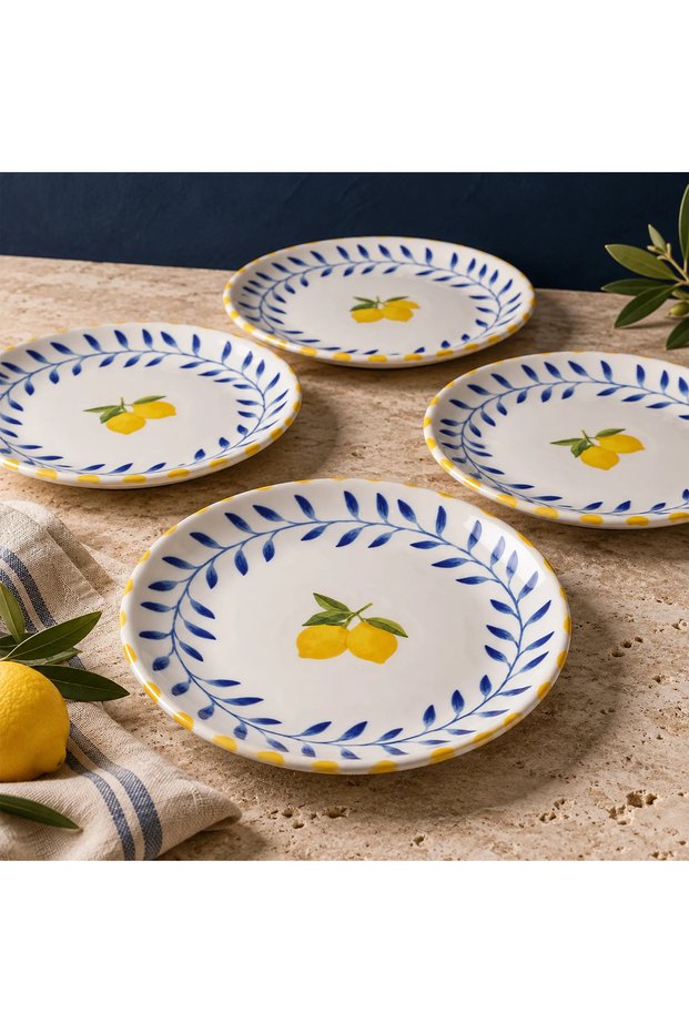 Lemon Patterned 4-Person 21 cm Porcelain Flat Plate Set