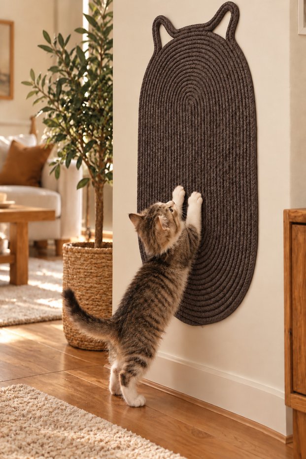 Patiloop Cat Scratching Mat 35X65 Cm, Ear-Detailed Knitted Cat Mat, Straw Jute Rope, Suitable for Home Use, Decorative Natural-Looking Cat Scratcher and Paw Play Mat, Pet Product