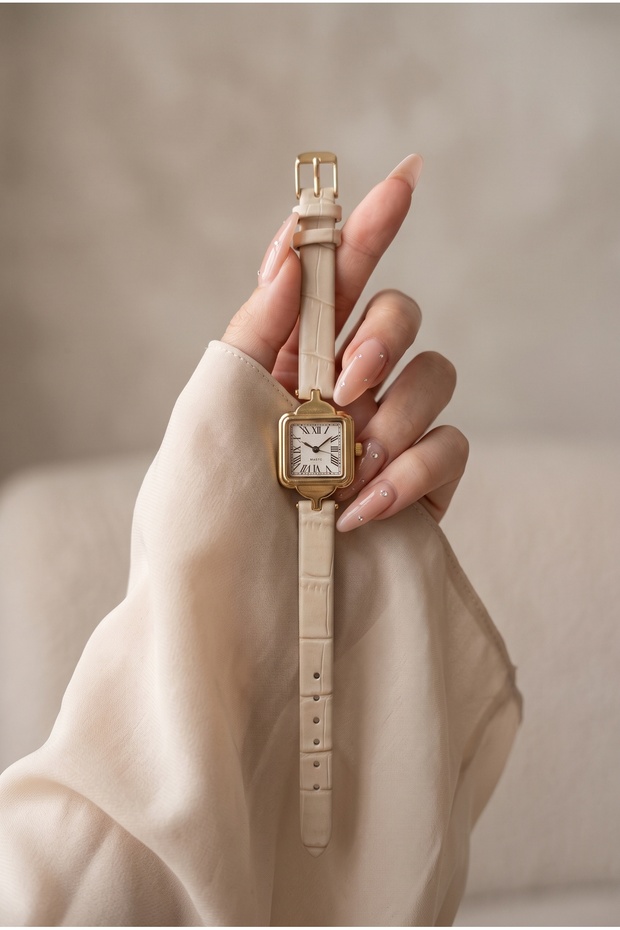 Classic Women's Watch Beige Color Leather Strap Gold Color Square Case Roman Numerals Vintage Classic | Old Money Elegant Stylish Design Women's Wristwatch | Limited Edition 2027