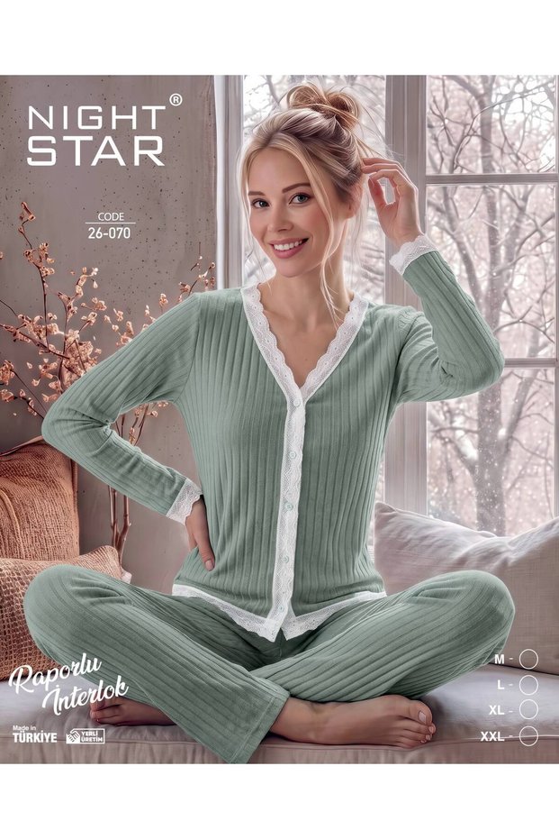 Roma Cotton Knitted Interlock Lace Water Green Pajama Set