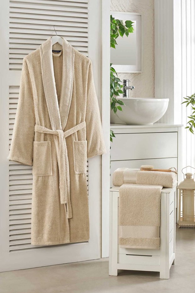 Luxury | 100% Cotton Jacquard Luxury 3 Piece Bathrobe Set | Bathrobe Set | Dowry Set Bej