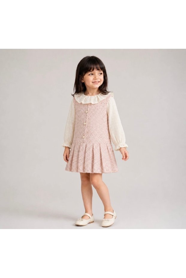 New Season Cotton Viscose Collar Ruffle Blouse and Sequined Tweed Button Detailed Double Dress Set
