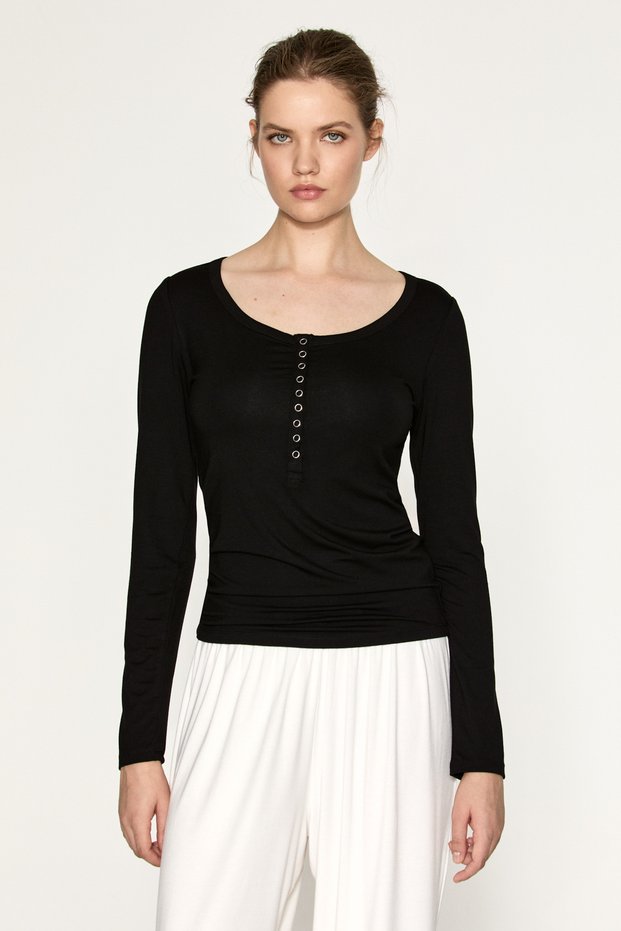 Ferya Women's Soft and Flexible Fabric Round Neck Button Closure Long Sleeve Black Blouse