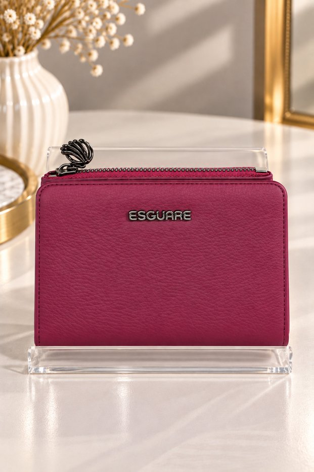 Women's Fuchsia Zippered Snap Fastener Multi-Compartment Small Wallet