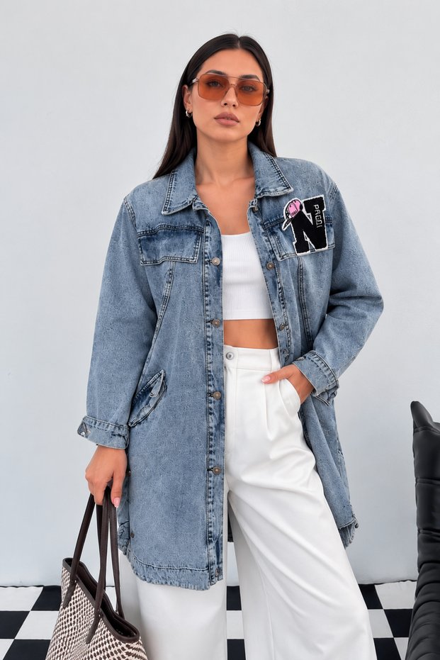 Women's Blue Oversize Denim Long Jacket Nj199