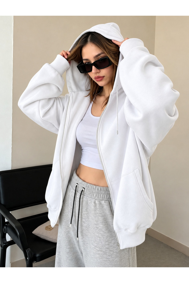 Women's Balloon Sleeve Cardigan with Hood, Full Zipper, Pockets, 100% Cotton, Winter