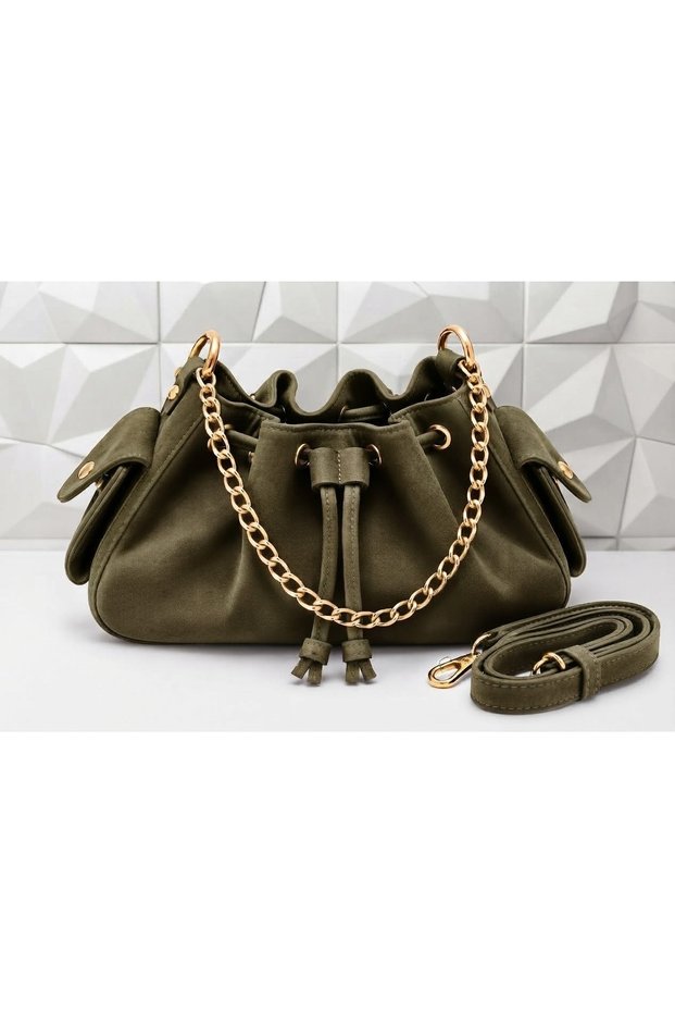 Drawstring Suede Model Women's Hand and Shoulder Bag with Chain Strap and Pockets