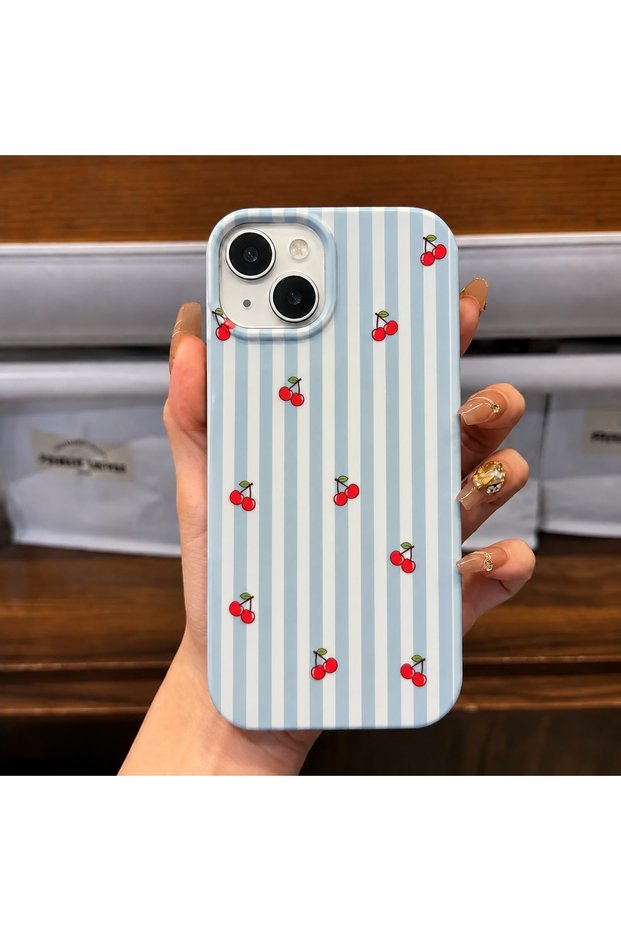 Cute Phone Case with Cherry Pattern and White Stripes, Compatible with iPhone 13 / 14 / 15